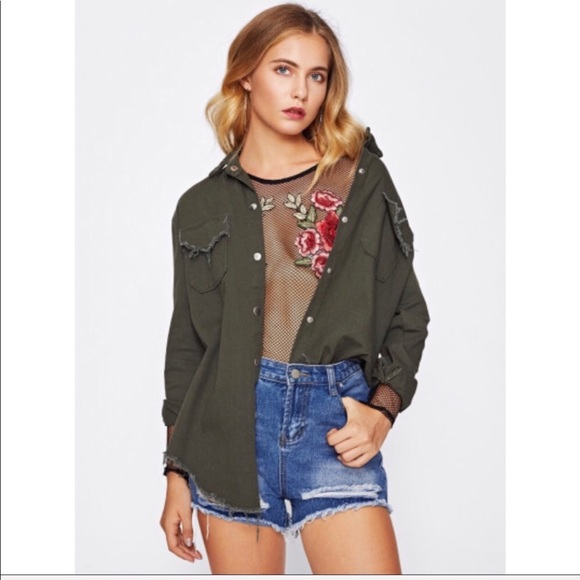 Jackets & Blazers - Frayed Curved Hem Army Green Denim Jacket